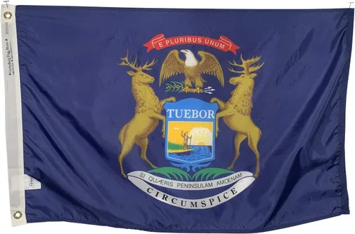 Bandera del estado de Michigan de 2 x 3 pies, nailon para todo tipo de clima y costuras reforzadas en el extremo de la mosca, fabricada en Estados