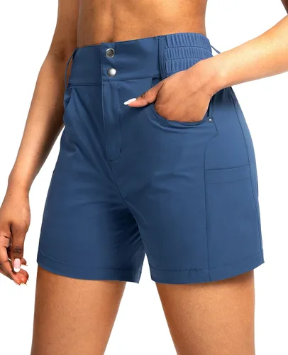 Miniatura 8 de Viodia - Pantalones cortos de senderismo de 5" para mujer, para golf con bolsillos, de cintura alta, elásticos, cargo, pantalones cortos para mujer