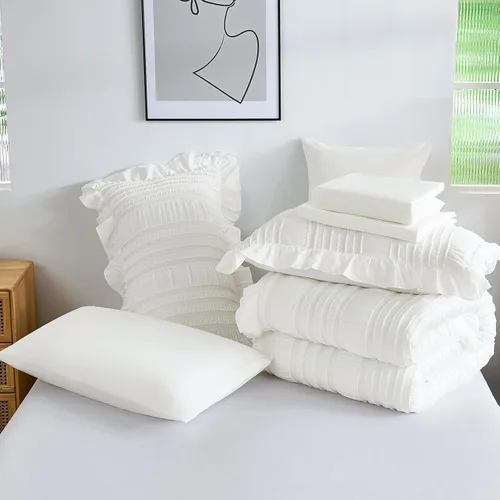 Miniatura 7 de Juego de edredón Queen de WONG BEDDING, edredón blanco y lindo con volantes para cama Queen, juego de 7 piezas en una bolsa, juego de cama