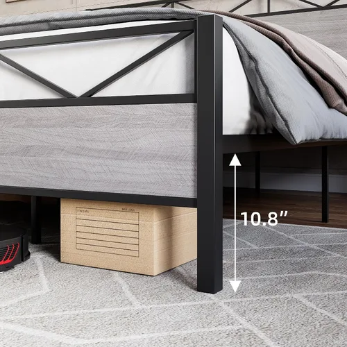 Miniatura 4 de Senfot Base de cama de tamaño matrimonial con cabecera y estribo de madera rústica, plataforma de metal, soporte de listones de acero resistente,