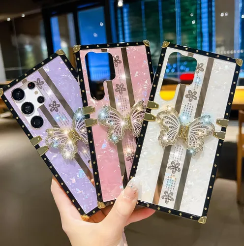 Miniatura 6 de Compatible con Funda Samsung Galaxy S22 Ultra, Diseño de Mariposa Brillante de Lujo con Soporte Plegable Kickstand para Mujeres y Niñas, Funda Rosa