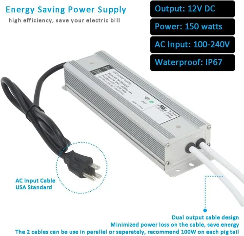 Miniatura 2 de Fuente de alimentación LED de 150 W 12 V Convertidor de CA a CC - Transformador IP67 impermeable con enchufe de 3 puntas, adaptador de corriente