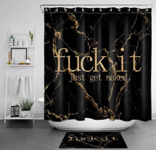 Miniatura 14 de Cortina de ducha de mármol negro y dorado, con citas divertidas Fuck It Get Naked de arte abstracto de mármol para baño, 60 x 72 pulgadas, tela