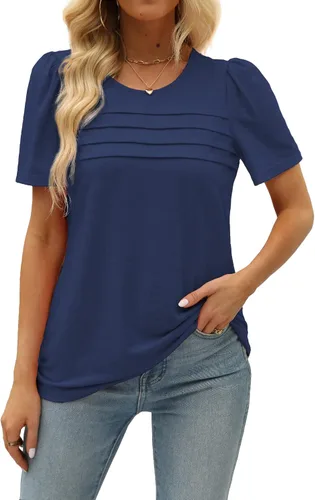 Miniatura 53 de JomeDesign - Camisetas casuales de verano para mujer, manga corta, cuello redondo, manga abullonada