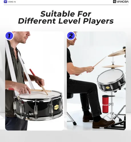 Miniatura 8 de Kit de tambor snare Vangoa con cabeza Remo de 14" x 5.5" para estudiantes de banda escolar de marcha principiantes con soporte, soporte