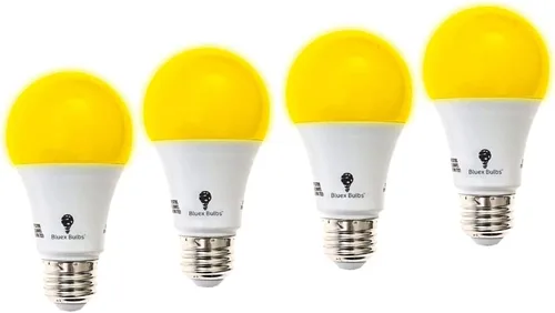 BlueX - Paquete de 4 bombillas LED A19 color amarillo ámbar, sin luz azul, 650 lúmenes, base media E26 de 120 V, 9.5 W (reemplazo de 60 vatios),