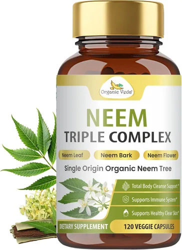 Organic Veda Neem Capsules Triple Complex Extractos de hojas de neem, corteza y flores, suplemento de hierbas para el acné, limpia y limpia la salud