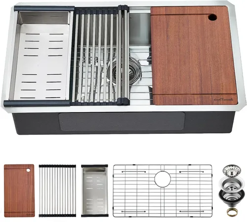 Miniatura 12 de Fregadero de cocina de montaje inferior, fregadero de cocina de acero inoxidable calibre 16, fregadero de cocina de 33 x 19 x 10 pulgadas