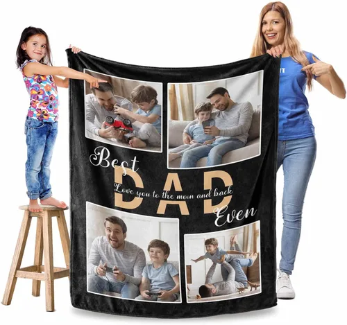 Miniatura 4 de MyPupSocks Manta personalizada de collage de fotos para papá con mensaje de amor de parte de esposa, hija e hijo, manta de fotos personalizada