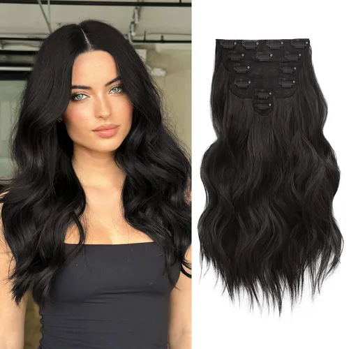 Miniatura 12 de NAYOO Extensiones de cabello con clip, de 20 pulgadas, largo, ondulado, rizado, rubio ceniza, extensiones de cabello sintético de cabeza completa