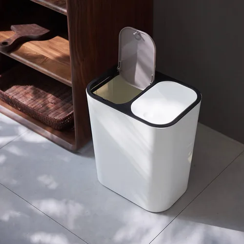 Miniatura 6 de Bote de basura de doble compartimento para residuos de cocina, contenedor de basura blanco con tapa para separación seca y húmeda, elegante cubo