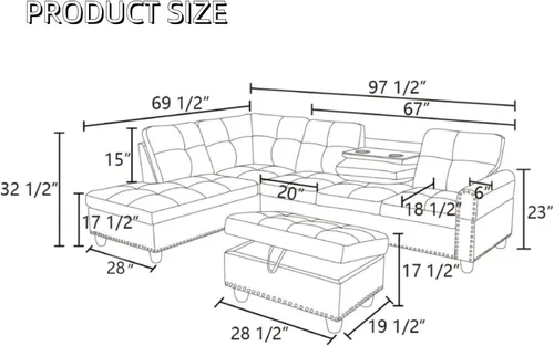 Miniatura 2 de Sofá Seccional de Cuero con Chaise Móvil y Otomana de Almacenamiento, Sofás Modulares Convertibles en Forma de L de 3 Piezas para Sala de Estar