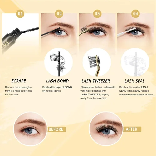 Miniatura 7 de QUEWEL Kit de Extensiones de Pestañas DIY, 144 Piezas de Racimos de Pestañas, Herramienta Aplicadora de Pestañas en Racimo, Adhesivo y Sellador