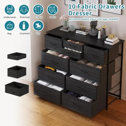 Miniatura 4 de LUMTOK - Cómoda de 10 cajones, cómodas de tela para dormitorio, pasillo, guardería, armarios, marco de acero, parte superior de madera, mango fácil