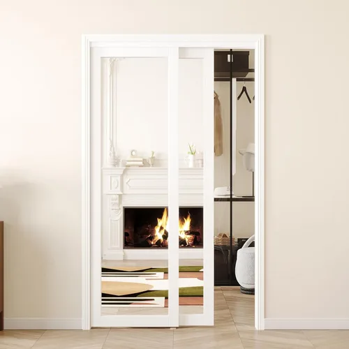 Puerta corredera moderna de armario de 48 x 80 pulgadas, doble cristal espejo de 25 x 78.58 pulgadas, juego completo con herrajes, color blanco