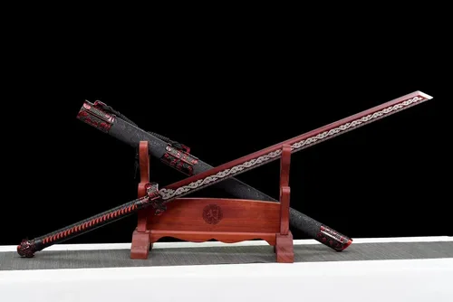 Miniatura 3 de Espada china de acero de alto carbono SJ SHI JIAN dinastía Tang Dao hoja recta con patrón de dragón funda Rojo