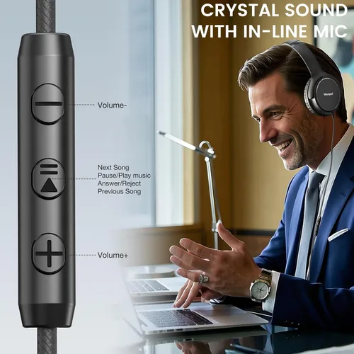 Miniatura 5 de Auriculares con cable USB C sobre la oreja con micrófono, control de volumen, puerto compartido y diadema ajustable, auriculares estéreo plegables