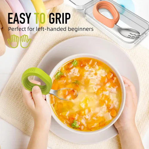 Miniatura 9 de Juego de utensilios para niños pequeños, tenedor y cuchara para bebés con mango de silicona de fácil agarre, cubiertos de acero inoxidable 18/8