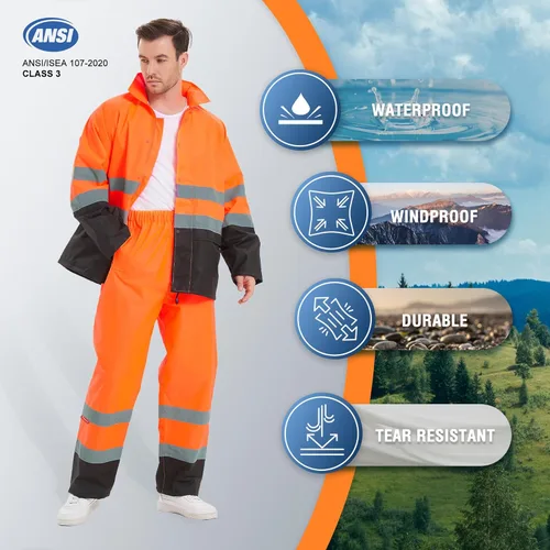 Miniatura 5 de ProtectX Ropa de lluvia impermeable de alta visibilidad para hombres y mujeres, chaqueta reflectante de seguridad y pantalón de alta visibilidad