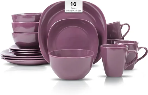 Miniatura 13 de juego de vajilla de cerámica de 16 piezas en forma cuadrada, interior rosa brillante + exterior negro mate