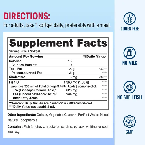 Miniatura 2 de Vitamin World Suplemento de aceite de pescado Omega 3 Triple Strength de 1360 mg, 950 mg de ácidos grasos omega-3 activos con EPA y DHA, apoya