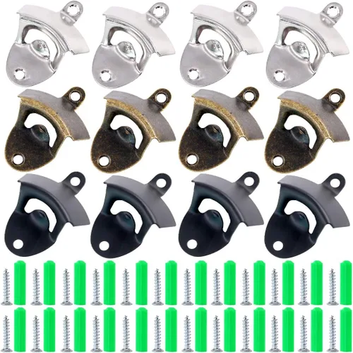 Swpeet 12 piezas de 3 colores de montaje en pared abridor de botellas con tornillos, abridor de botellas de barra rústico vintage para montaje en