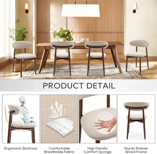 Miniatura 4 de COLAMY Juego de 6 sillas de comedor de madera, silla de comedor tapizada en tela moderna, sillas laterales de cocina de granja con reposapiés, beige