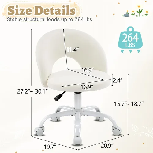 Miniatura 2 de VINGLI Silla de tocador pequeña con ruedas para niñas. Bonita silla de escritorio de oficina moderna de altura ajustable sin brazos. Silla giratoria
