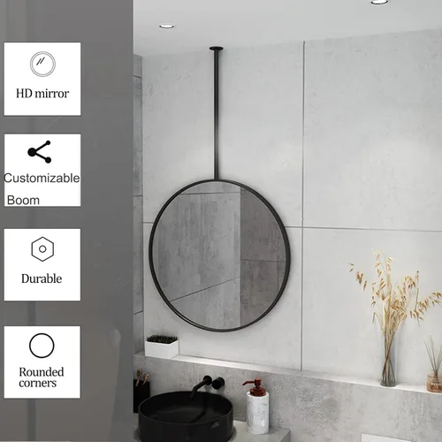 Miniatura 6 de Espejo redondo de metal montado en el techo con barra para colgar, espejo decorativo de baño, negro (diámetro-19.7 pulgadas)