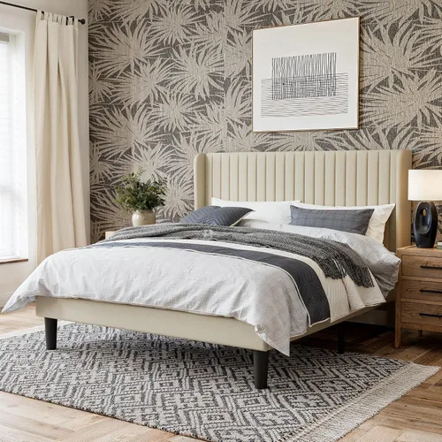 Miniatura 12 de GOLDORO Base de cama tapizada de tamaño matrimonial con cabecera de ala capitonada de canal vertical, soporte de listones de madera, no necesita