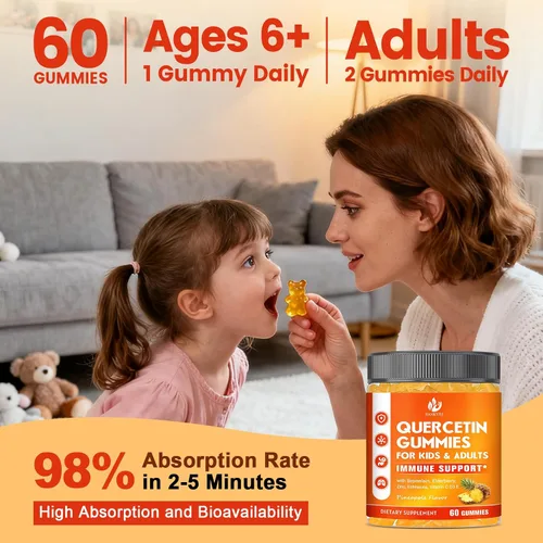Miniatura 7 de Gomitas de quercetina sin azúcar con bromelina para niños y adultos, inmune, antioxidante, apoyo estacional, 1000 mg de quercetina suplementos