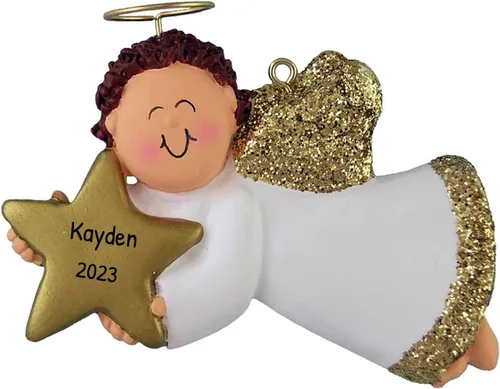 Miniatura 10 de Adorno de ángel personalizado 2025 – Reloj de adorno de ángel bebé de oso marrón, adornos de bebé de Navidad al aire libre para alas de árbol