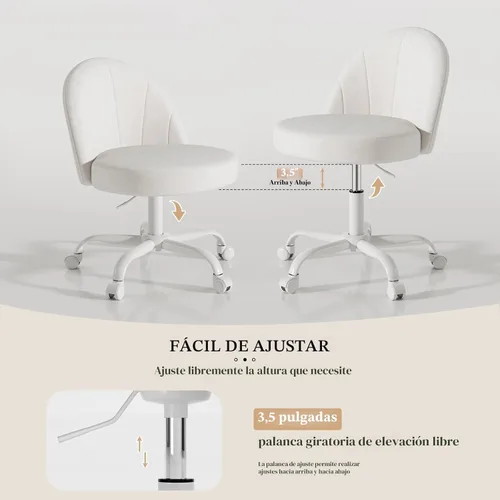 Miniatura 6 de Silla de tocador de terciopelo con ruedas, silla giratoria de maquillaje de altura ajustable, silla de escritorio pequeña sin brazos para Blanco