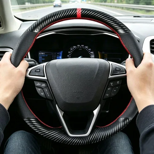 Miniatura 2 de Funda de volante de fibra de carbono con costura DIY para Ford Fusion Sedán 2013-2020 / Edge SUV de 4 puertas 2015-2020, 15 pulgadas, accesorios