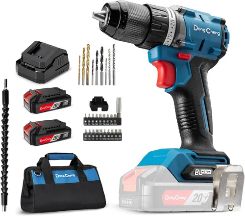 Dong Cheng Taladro de impacto resistente sin escobillas de 20 V, 531 pulgadas, con batería de 2 x 2.0 Ah, portabrocas de metal sin llave de 1/2