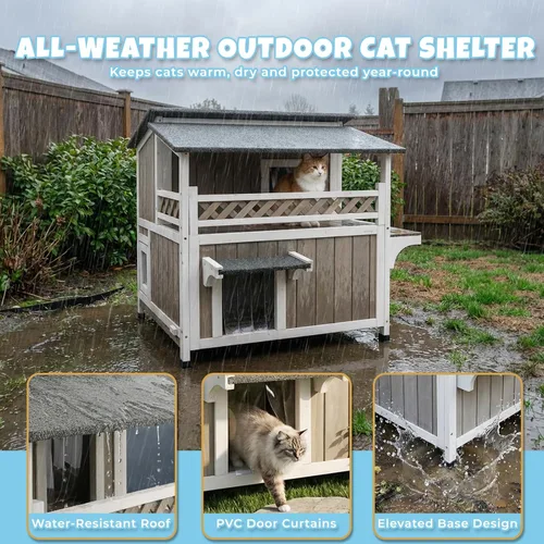 Miniatura 5 de Casa de madera para gatos para exteriores e interiores, resistente a la intemperie, refugio para gatos de dos pisos, hogar cerrado para gatos