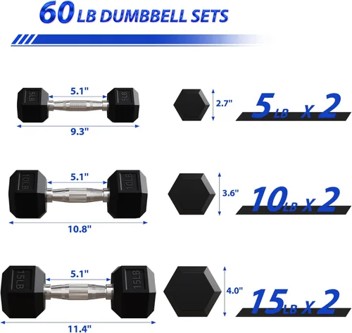 Miniatura 2 de Signature Fitness Rubber Encased Hex Dumbbells with Optional Rack, 10 15 20LB Pairs and 5, 10 and 15 Pairs Weight Sets for Home Gym