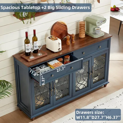 Miniatura 5 de Joaxswe Aparador de estilo rústico con almacenamiento, credenza grande de 59 pulgadas con 4 puertas de vidrio y 2 cajones, estantes ajustables, mesa