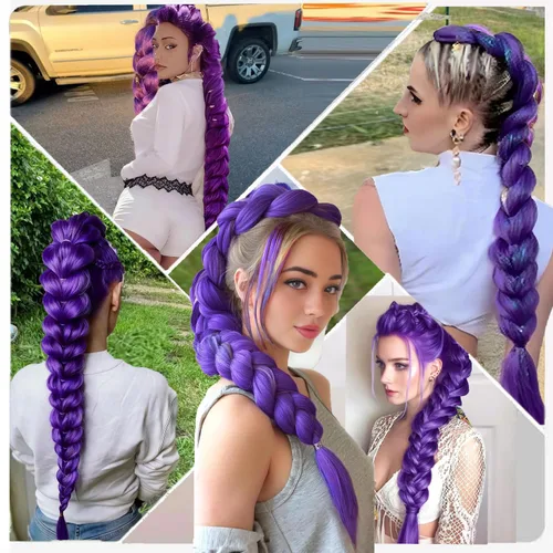 Miniatura 6 de Cabello trenzado morado de 24 pulgadas, extensiones de cabello sintético preestirado Rumi para fiesta de escenario, disfraz de Halloween, cosplay