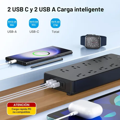 Miniatura 3 de TROND - Alargador de corriente con protector contra sobretensiones, 4000 J, certificado ETL, 10 salidas ampliamente espaciadas con 2 USB A y 2 USB