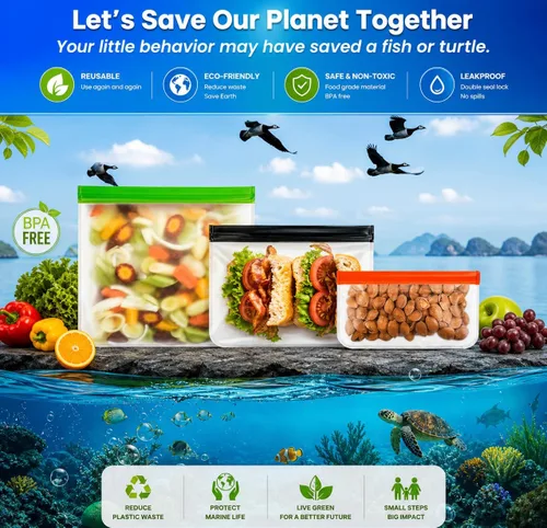Miniatura 4 de Paquete de 10 bolsas extra gruesas de silicona reutilizables para almacenamiento de alimentos, 3 pequeñas, 4 medianas, 3 bolsas grandes con cierre