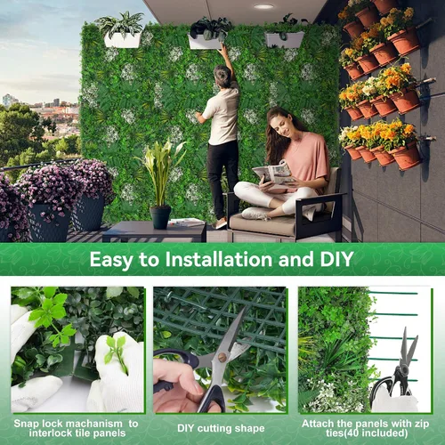 Miniatura 5 de Paneles de pared de césped de 20 x 20 pulgadas, 16 piezas de fondo de vegetación artificial con hojas resistentes a los rayos UV, decoración
