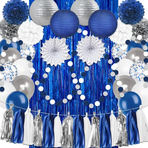 Decoraciones de fiesta azul marino y plateado blanco, kit de 46 piezas de guirnalda de pompones de papel y borlas para hombres, decoraciones de