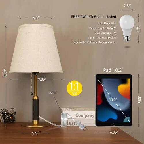 Miniatura 2 de 18.9" Modern Mid Century Table Lamp Pull Chain Bedside Lamps for Nightstand Lamp for Bedroom Living Room 3-Color Light Solid Wood/Metal/Fabric for