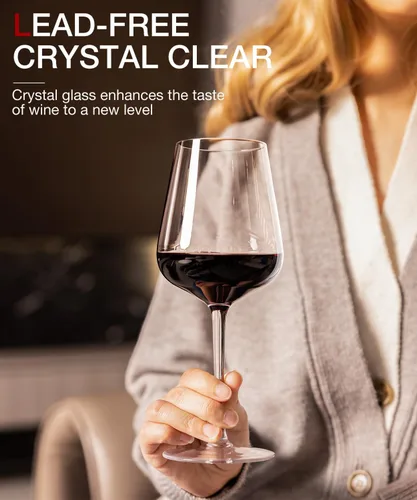 Miniatura 4 de LUNA & MANTHA Juego de 4 copas de vino tinto de cristal con tallo, copas de vino sopladas a mano de 17oz, perfectas para regalo con empaque rojo