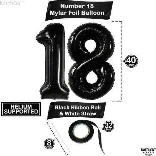 Miniatura 3 de KatchOn, Globo negro del número 18, gigante, 40 pulgadas, globo 18 para decoraciones de cumpleaños de 18 años para niños y niñas, decoraciones