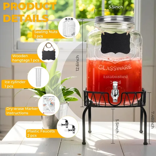 Miniatura 2 de Dispensador de bebidas de vidrio con soporte y tapa, un paquete de 2 galones con espita - Dispensadores de bebidas de vidrio para fiestas, bodas