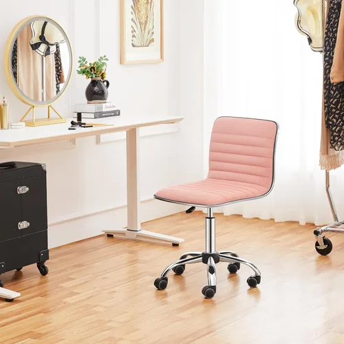 Miniatura 2 de Yaheetech Silla de tocador de respaldo bajo sin brazos de terciopelo acanalado, altura ajustable, giratoria, para oficina, color rosa albaricoque