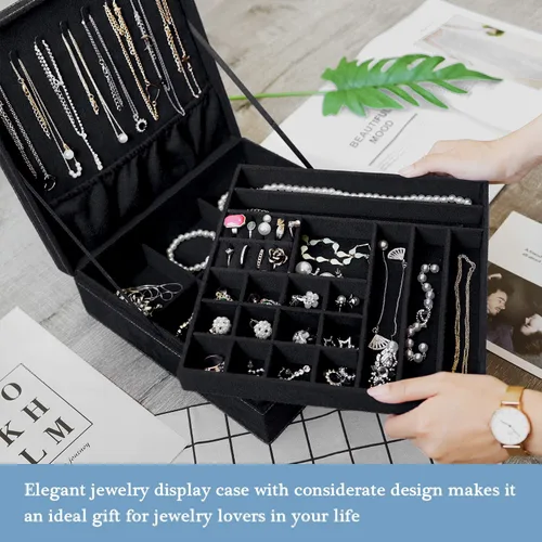 Miniatura 3 de ProCase Joyero organizador de terciopelo para mujer, 2 capas de joyería, estuche de almacenamiento para collares, aretes, pulseras y anillos