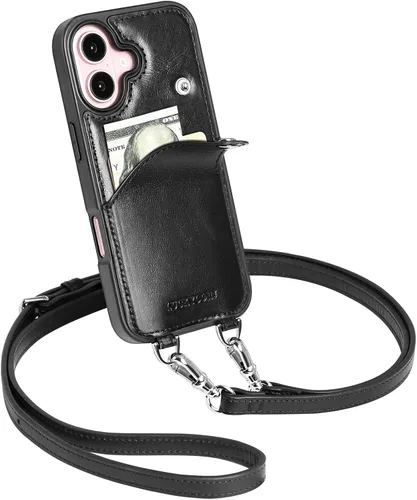 Miniatura 21 de LUCKYCOIN Funda tipo cartera cruzada para iPhone 14 Pro, funda de piel auténtica con protección contra caídas para mujer, con tarjetero expandible